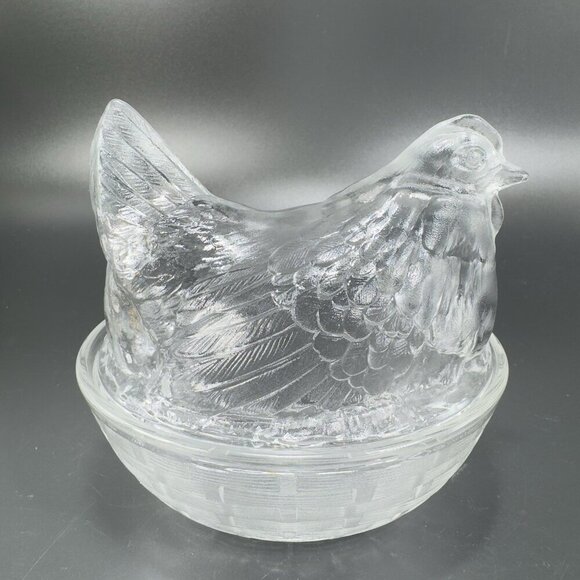 French Clear Hen On Nest Clear Glass Covered Dish Made In France Farmhouse VTG - Picture 10 of 15